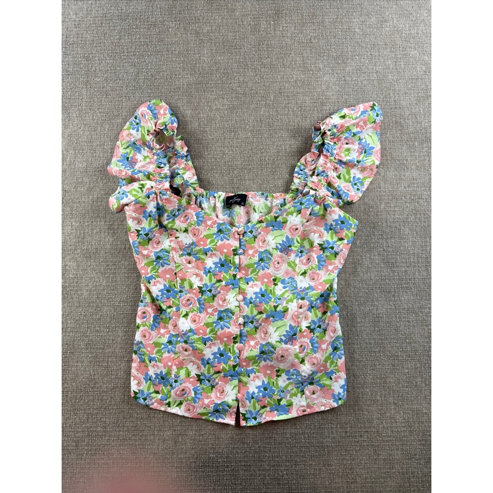 Milk & Honey Floral Button Front Ruffle Sleeve Top Pink Blue Green Y2K Medium